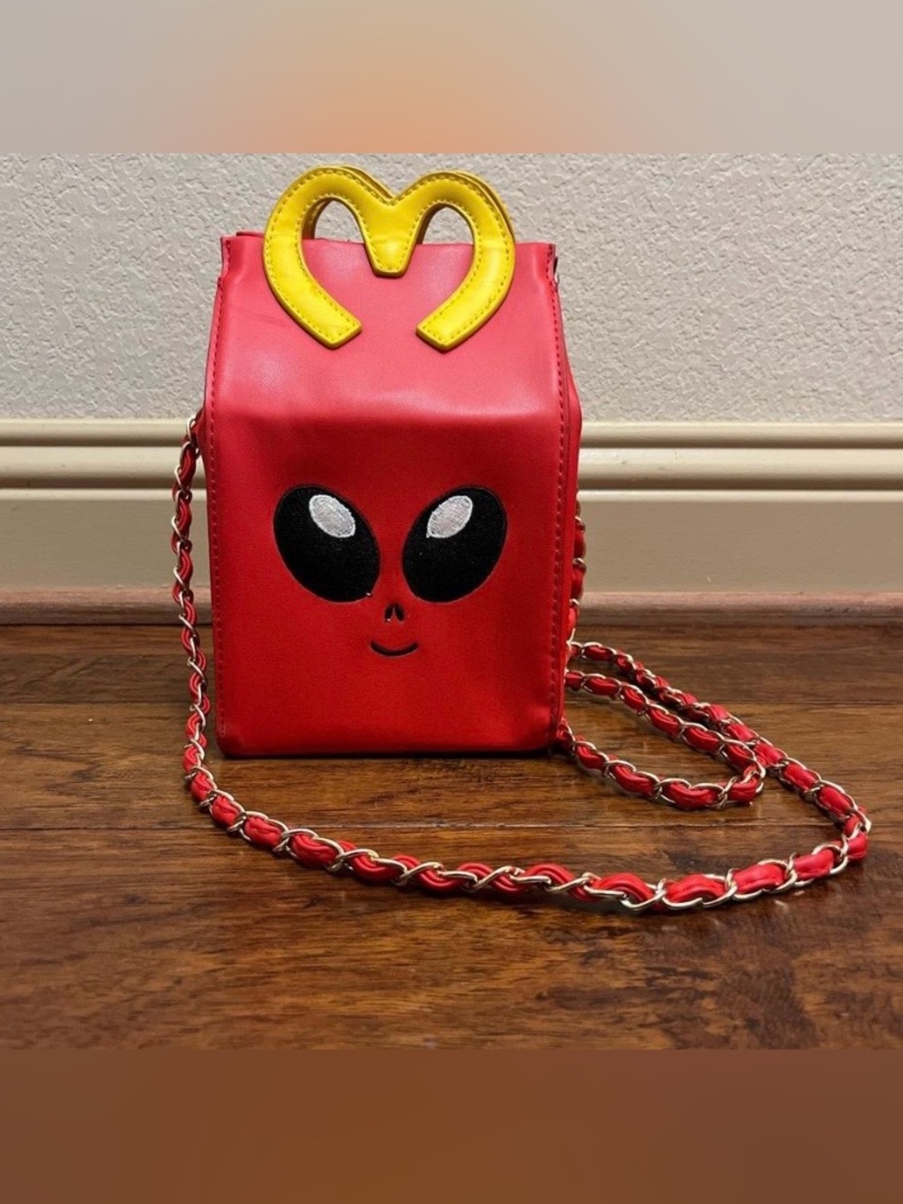Crappy Meal leather McDonalds Red Face Crossbody Bag with Yellow Heart Accent